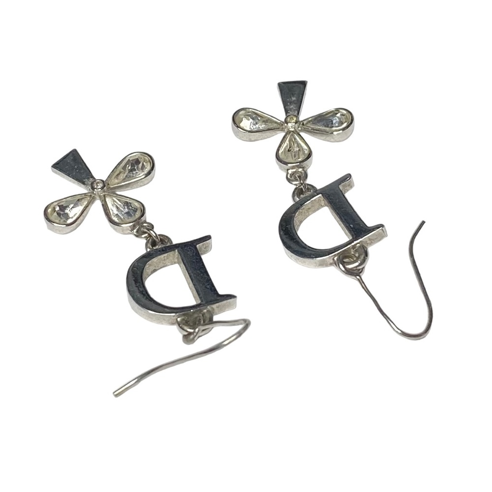 AUTH VTG Christian Dior Silver D Charm Logo Crystal Clover Dangle Hook Earrings - Picture 8 of 13